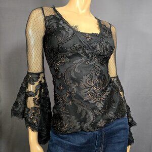 Y2K Venus Gothic Boho Fairy Black Lace Blouse Top Size XS Flared Sleeves Witchy